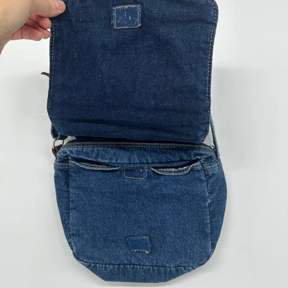 Boho 90s Denim Crossbody Bag Beaded‎ Fringe Leather Trim Adjustable Strap